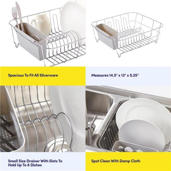 Dish drying rack with utensil holder compact in sink kitchen organizer silver - Picture 6 of 7